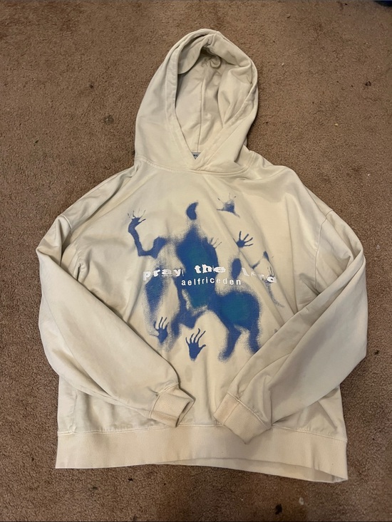 Aelfric Eden Jackets & Blazers - Aelfric Eden Cream Hoodie with Blue Spray Graphic - Unisex Sweater